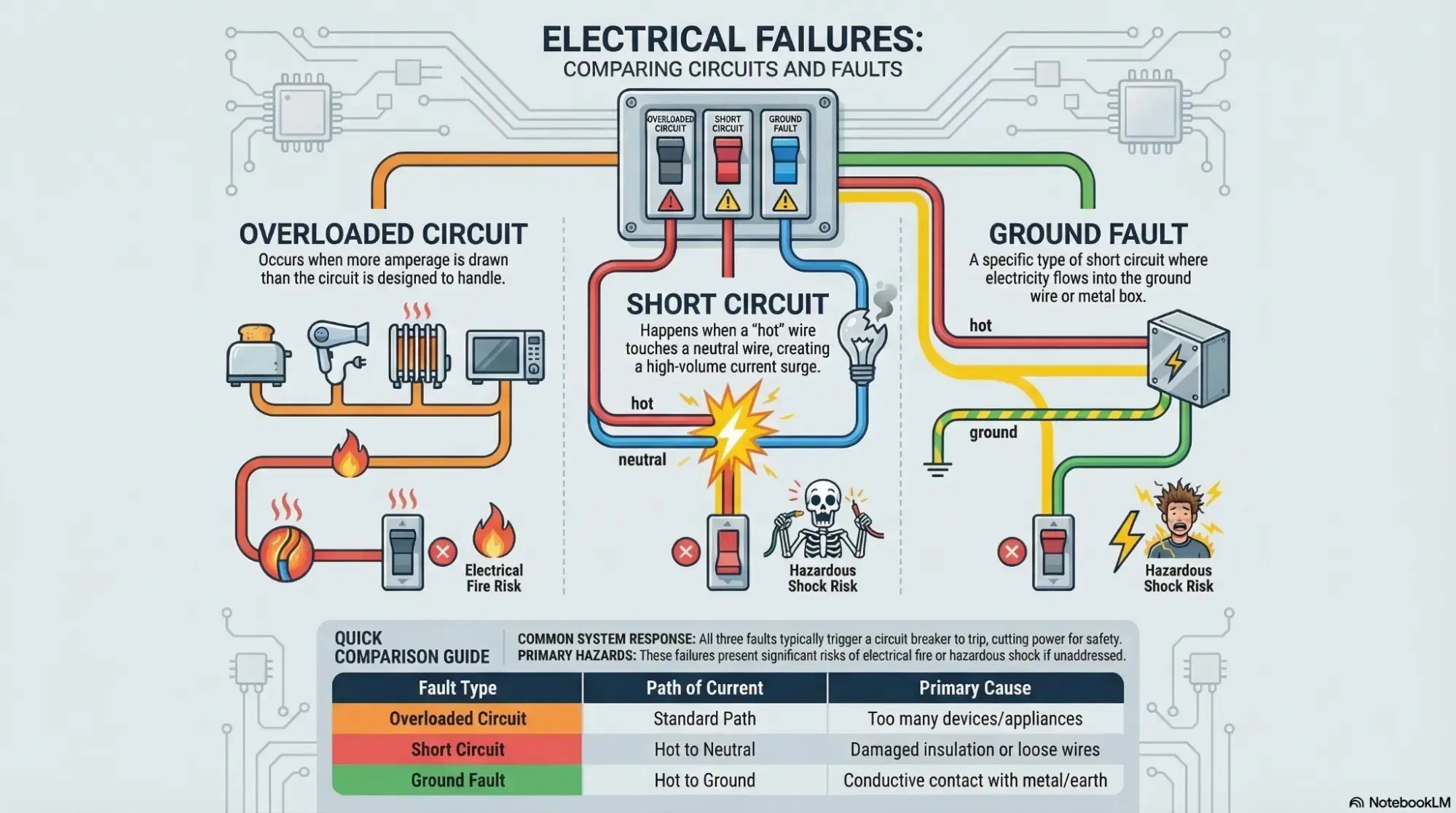 Overloaded Circuit vs Short Circuit vs Ground Fault Side-by-Side Comparison